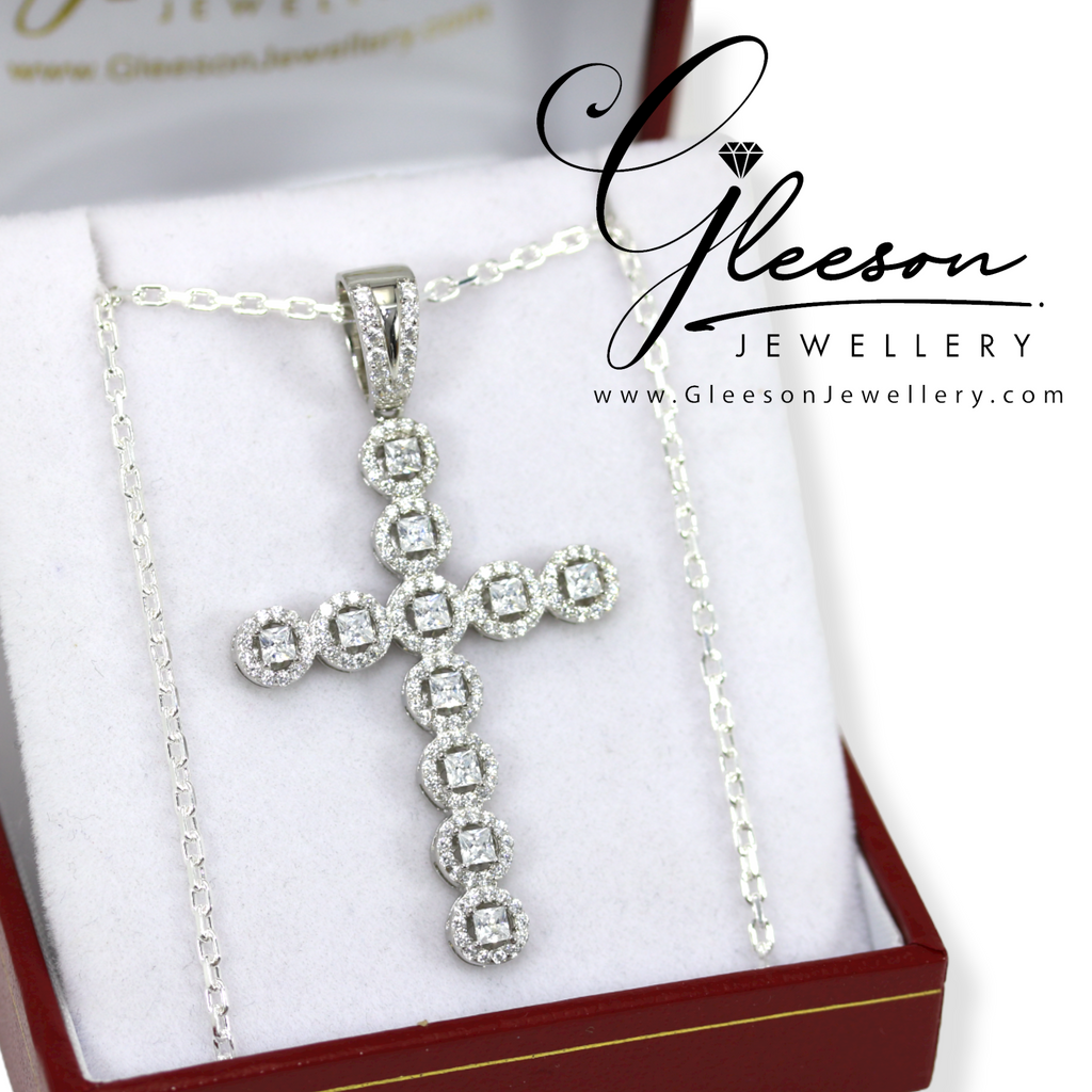 Sterling Silver Cubic Zirconia Halo Baguette Cross and Chain Gleeson Jewellers, Daniel Gleeson Jewellerr, Daniel Gleesons Jewellery