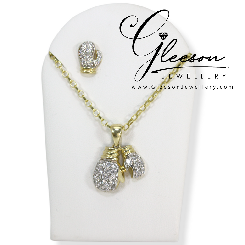 9ct Gold Boxing Glove Earring and Boxing Double Glove Pendant and 20" Chain (Medium Diamond Cut Belcher Chain) Gleeson Jewellers, Daniel Gleeson Jewellery, Daniel Gleesons Jewellers Cork