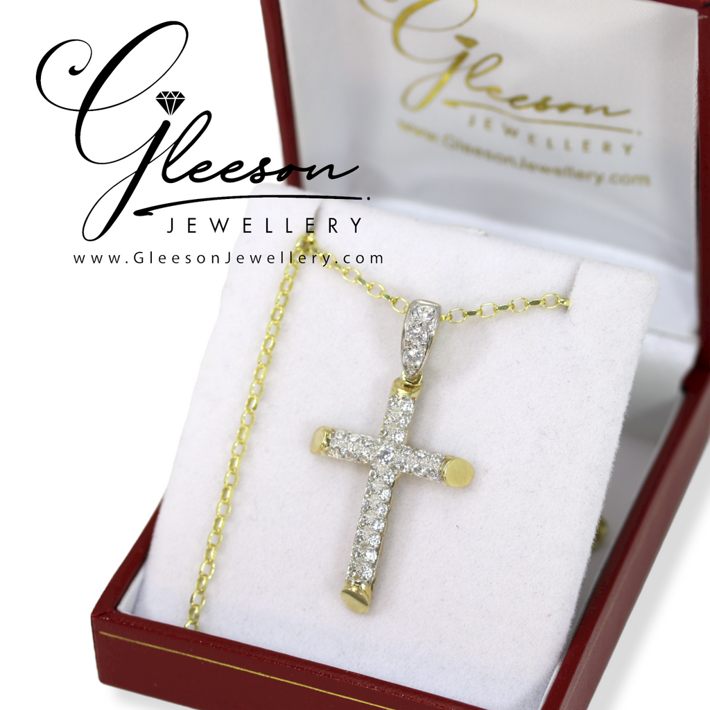 9ct Gold 45mm Tube Style CZ Cross & Chain Gleeson Jewellers, Daniel Gleeson Jewellery, Daniel Gleesons Jewellers Cork