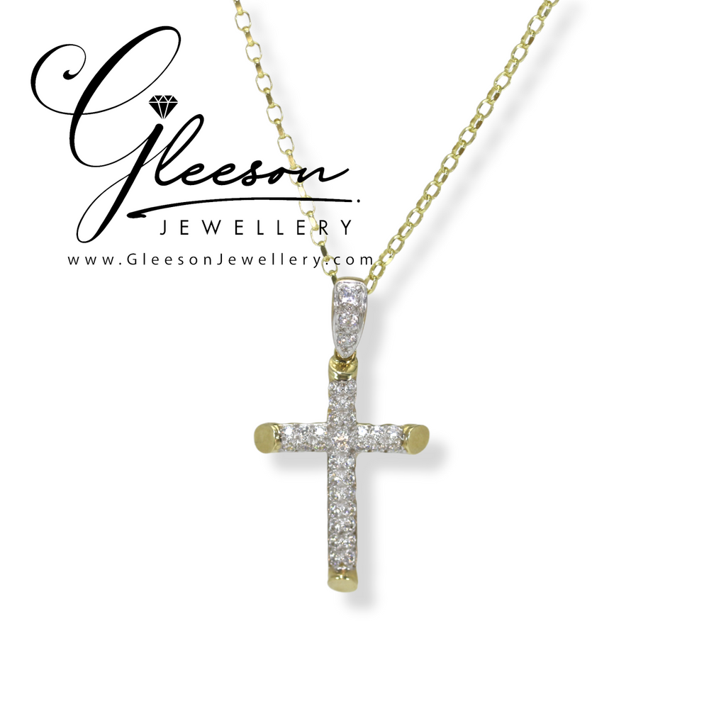 9ct Gold 45mm Tube Style CZ Cross & Chain Gleeson Jewellers, Daniel Gleeson Jewellery, Daniel Gleesons Jewellers Cork