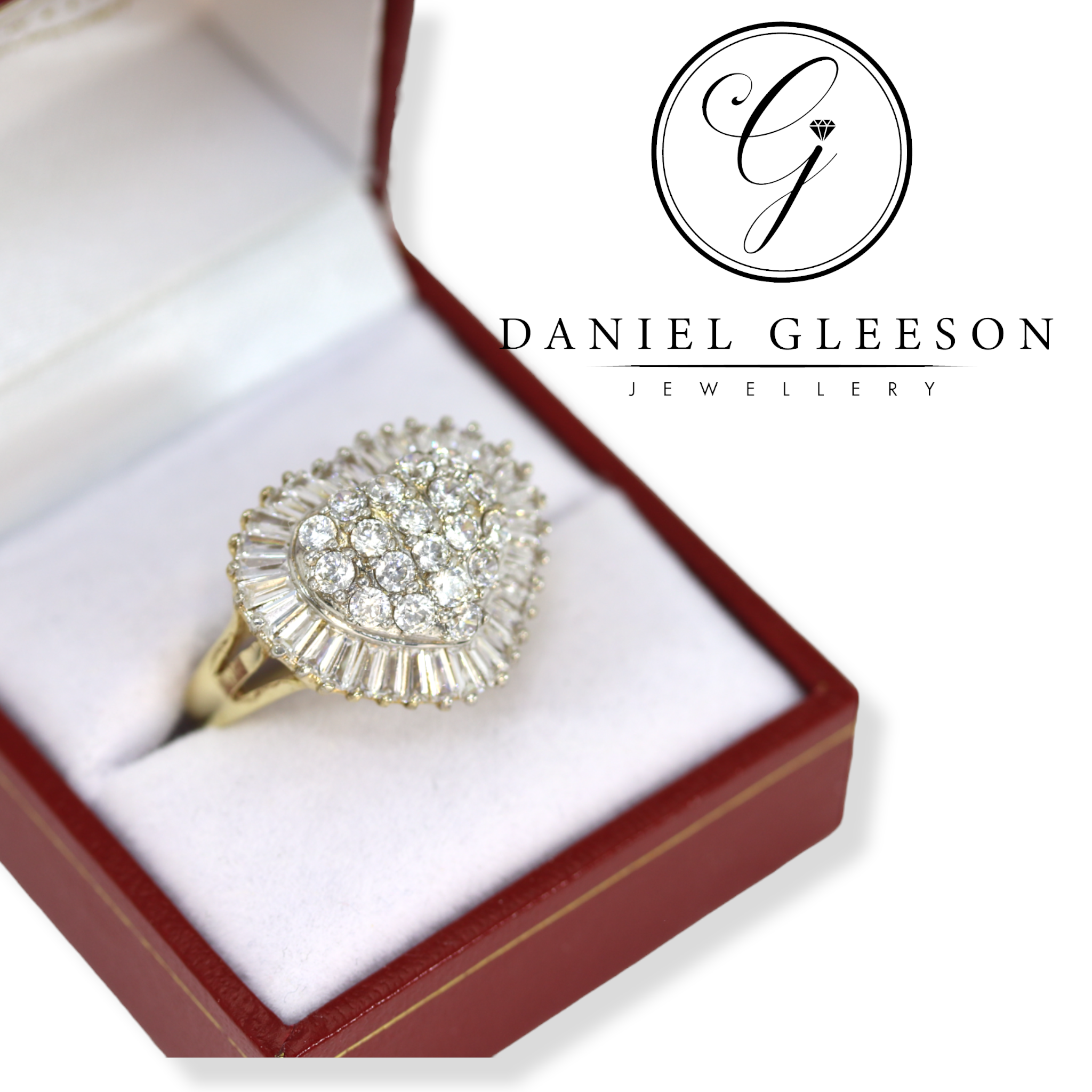 9ct Gold Ladies Cubic Zirconia Large Cluster Heart Dress Ring