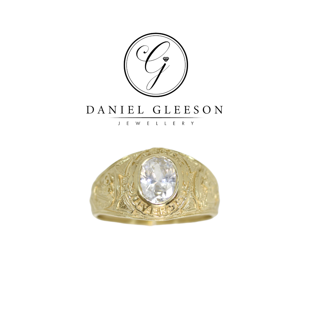 9ct Gold CZ Kids College Ring - This is a small size College Ring also suitable for Gents as a small College ring or pinky ring Gleeson Jewellers, Daniel Gleeson Jewellery, Daniel Gleesons Jewellers Cork