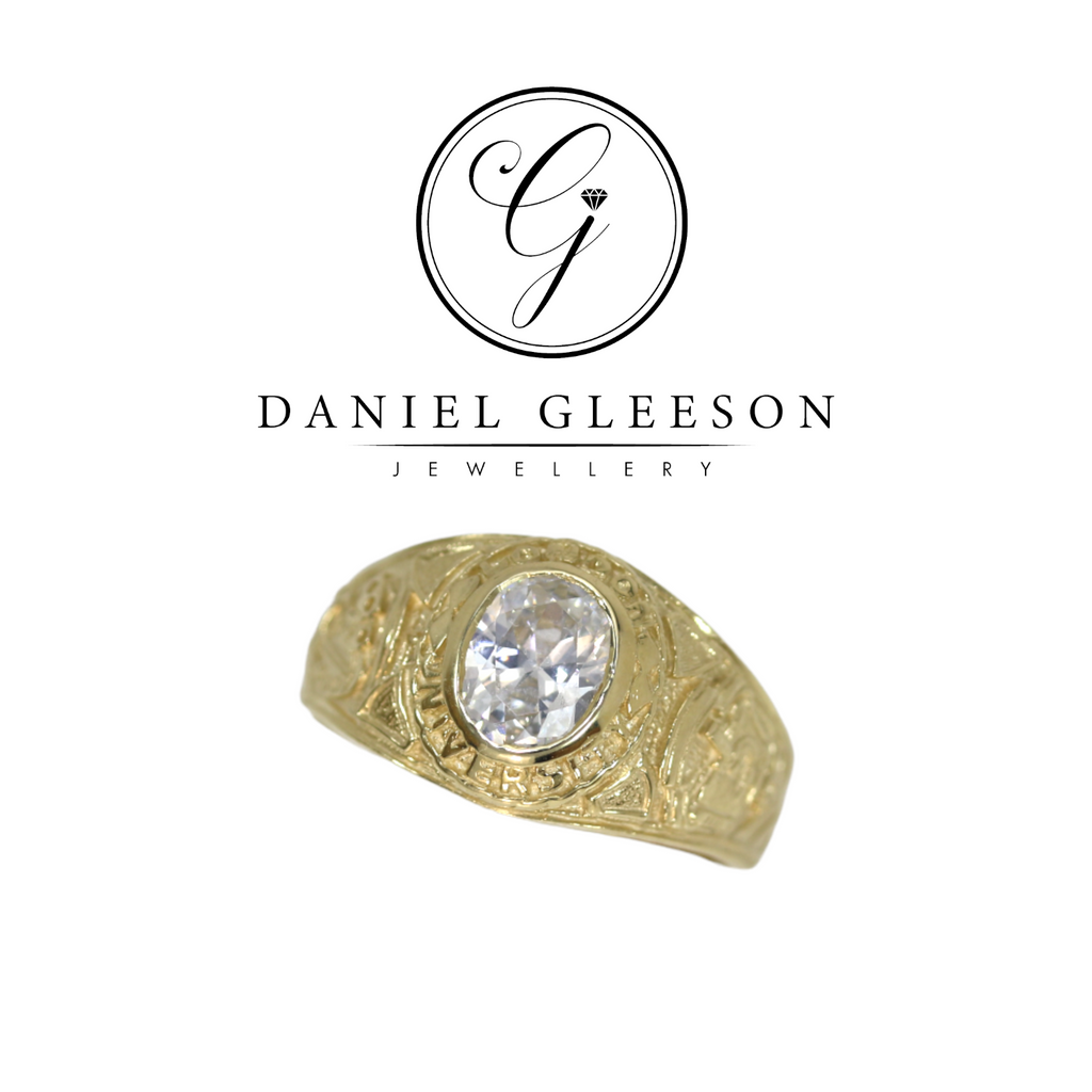 9ct Gold CZ College Ring - This is a small size College Ring suitable for Gents as a small College ring or pinky ring Gleeson Jewellers, Daniel Gleeson Jewellery, Daniel Gleesons Jewellers Cork