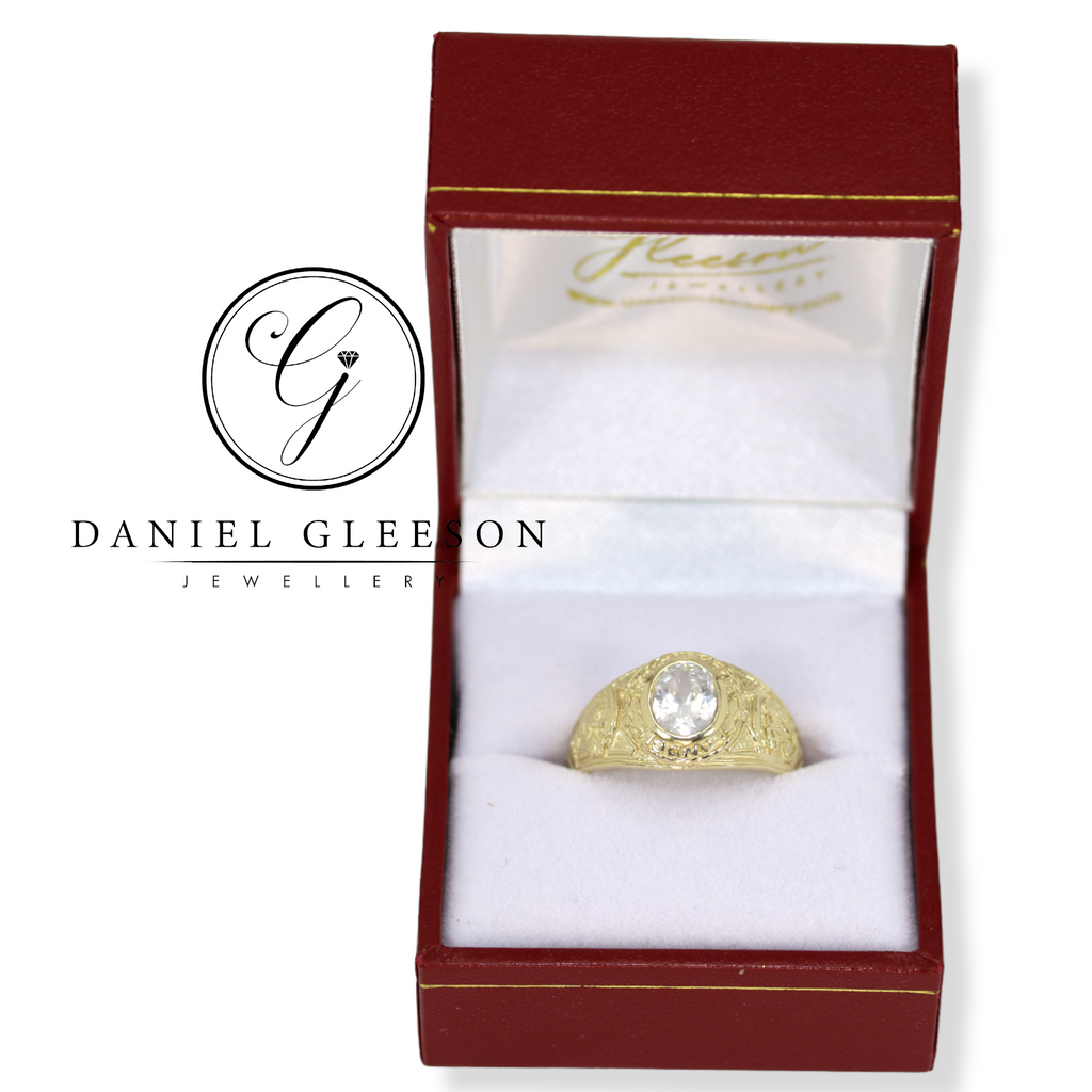 9ct Gold CZ College Ring - This is a small size College Ring suitable for Gents as a small College ring or pinky ring Gleeson Jewellers, Daniel Gleeson Jewellery, Daniel Gleesons Jewellers Cork