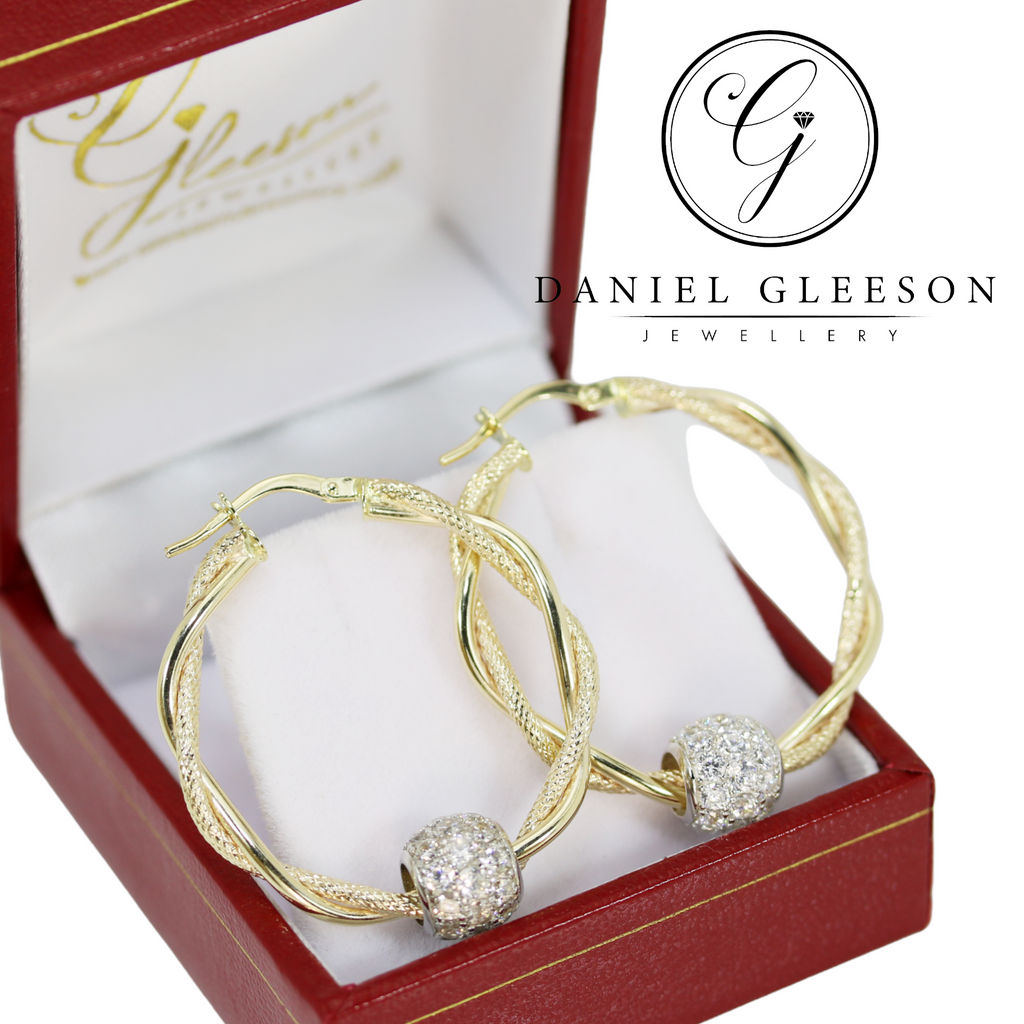 9ct Gold Diamond Cut Double Twist Hoop Earrings With Cubic Zirconia Ball Gleeson Jewellers, Daniel Gleeson Jewellery, Daniel Gleesons Jewellers Cork