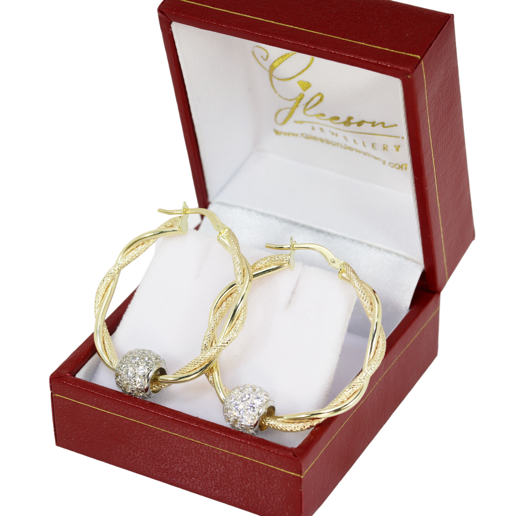 9ct Gold Diamond Cut Double Twist Hoop Earrings With Cubic Zirconia Ball Gleeson Jewellers, Daniel Gleeson Jewellery, Daniel Gleesons Jewellers Cork
