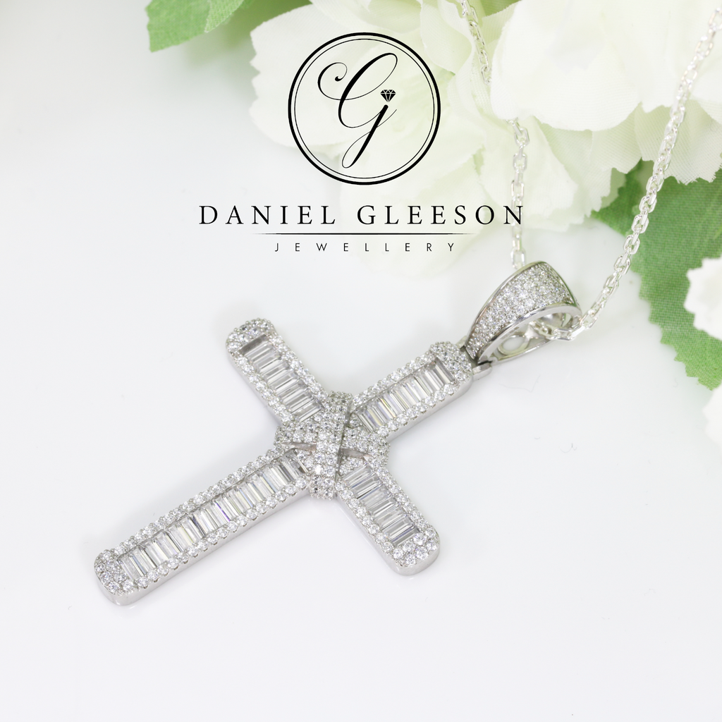 SPECIAL OFFER: Sterling Silver LARGE Cubic Zirconia Baguette Cross and Chain Gleeson Jewellers, Daniel Gleeson Jewellerr, Daniel Gleesons Jewellery
