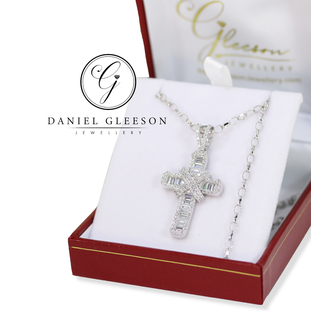 9ct White Gold Baguette CZ Cross & White Gold Chain Gleeson Jewellers, Daniel Gleeson Jewellers, Gleesons Jewellers