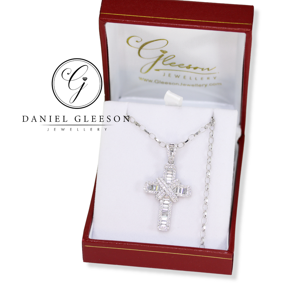 9ct White Gold Baguette CZ Cross & White Gold Chain Gleeson Jewellers, Daniel Gleeson Jewellers, Gleesons Jewellers