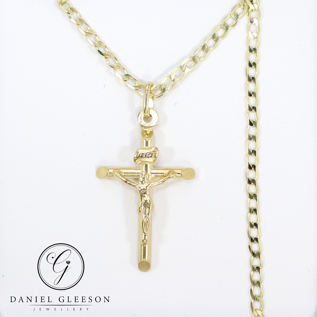 9ct Gold Delicate Tubular Crucifix Pendant and 20" Curb Chain Gleeson Jewellers, Daniel Gleeson Jewellery, Daniel Gleesons Jewellers Cork
