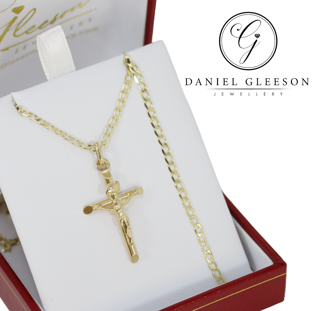 9ct Gold Delicate Tubular Crucifix Pendant and 20" Curb Chain Gleeson Jewellers, Daniel Gleeson Jewellery, Daniel Gleesons Jewellers Cork