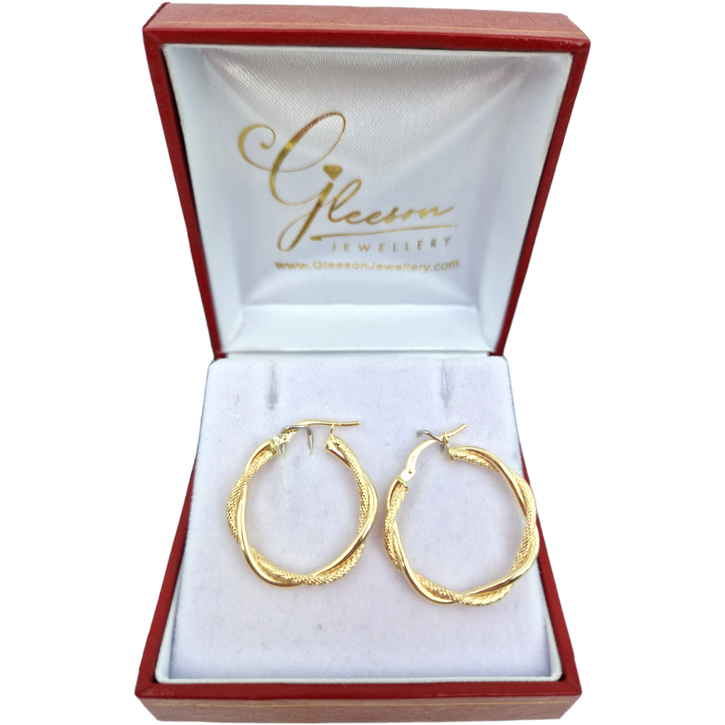 9ct Gold  Diamond Cut Twist Hoop Earrings Gleeson Jewellers, Daniel Gleeson Jewellery, Gleeson Jeweller, Gleesons Jewellers
