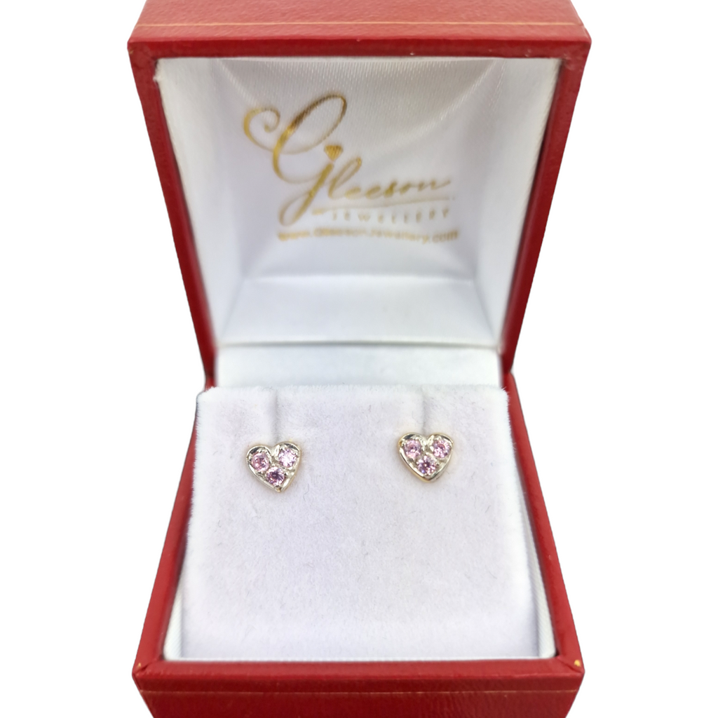 9ct Gold Pink Cubic Zirconia Heart Earrings Gleeson Jewellery, Daniel Gleeson Jewellers Cork, Gleesons Jewellers