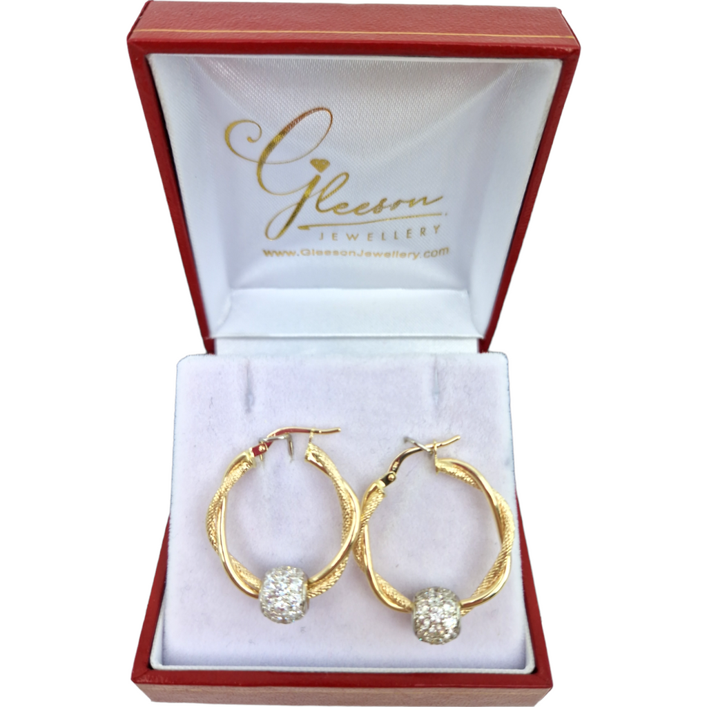 9ct Gold Diamond Cut Twist Hoop Earrings With Cubic Zirconia Ball Daniel Gleeson Jewellers, Gleeson Jewellers, Gleesons Jewellers