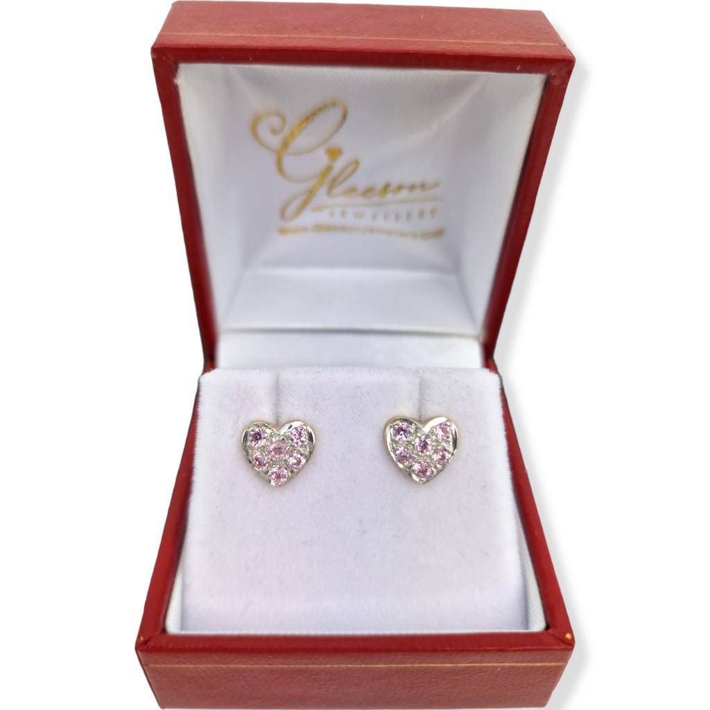 9ct Gold Pink Cubic Zirconia Heart Earrings - Medium Size Gleeson Jewellery, Daniel Gleeson Jewellers Cork, Gleesons Jewellers