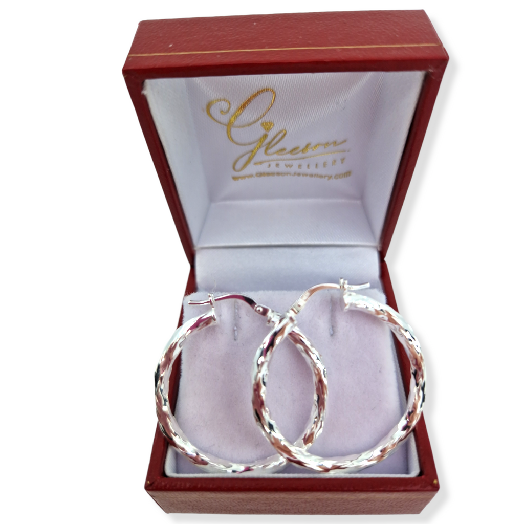 Sterling Silver Twist Hoop Earrings Diamond Cut 25mm Gleeson Jewellery, Gleeson Jewellers, Gleesons Jewellers, Daniel Gleeson