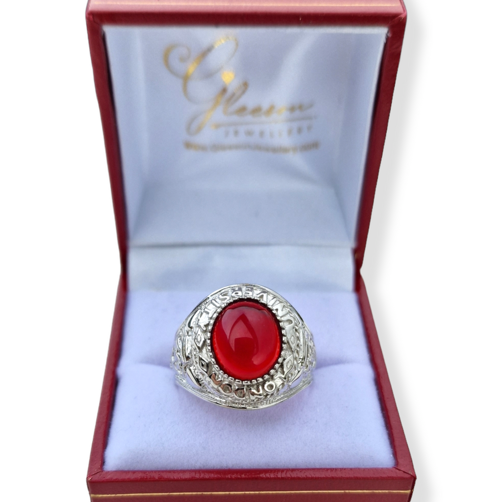 Gents Sterling Silver Red Stone College Ring gleeson jewellery