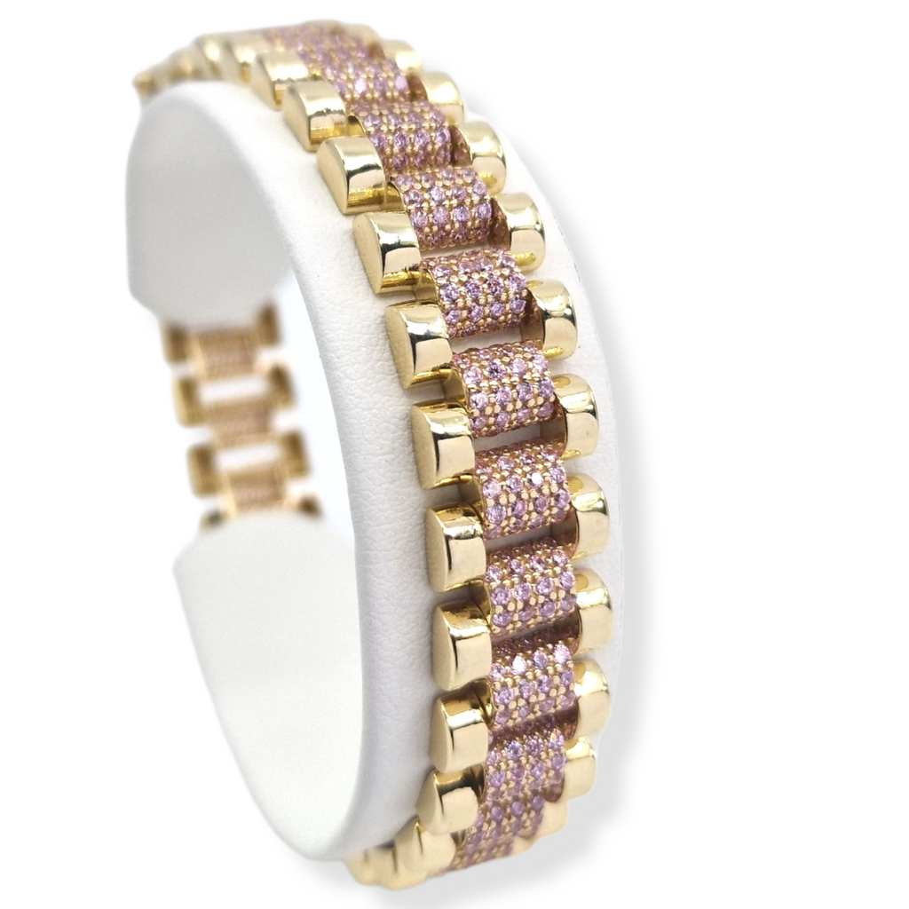 9ct Gold Pink CZ Ladies presidential style Bracelet - Wider Version Bracelet (11mm) Gleeson Jewellers, Daniel Gleeson Jewellers, Gleesons Jewellers