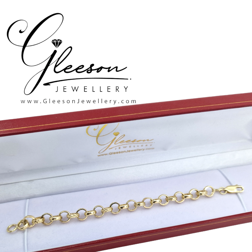 9ct Gold Baby Plain and Engraved Link Belcher Bracelet Gleeson Jewellers, Daniel Gleeson Jewellery, Daniel Gleesons Jewellers Cork