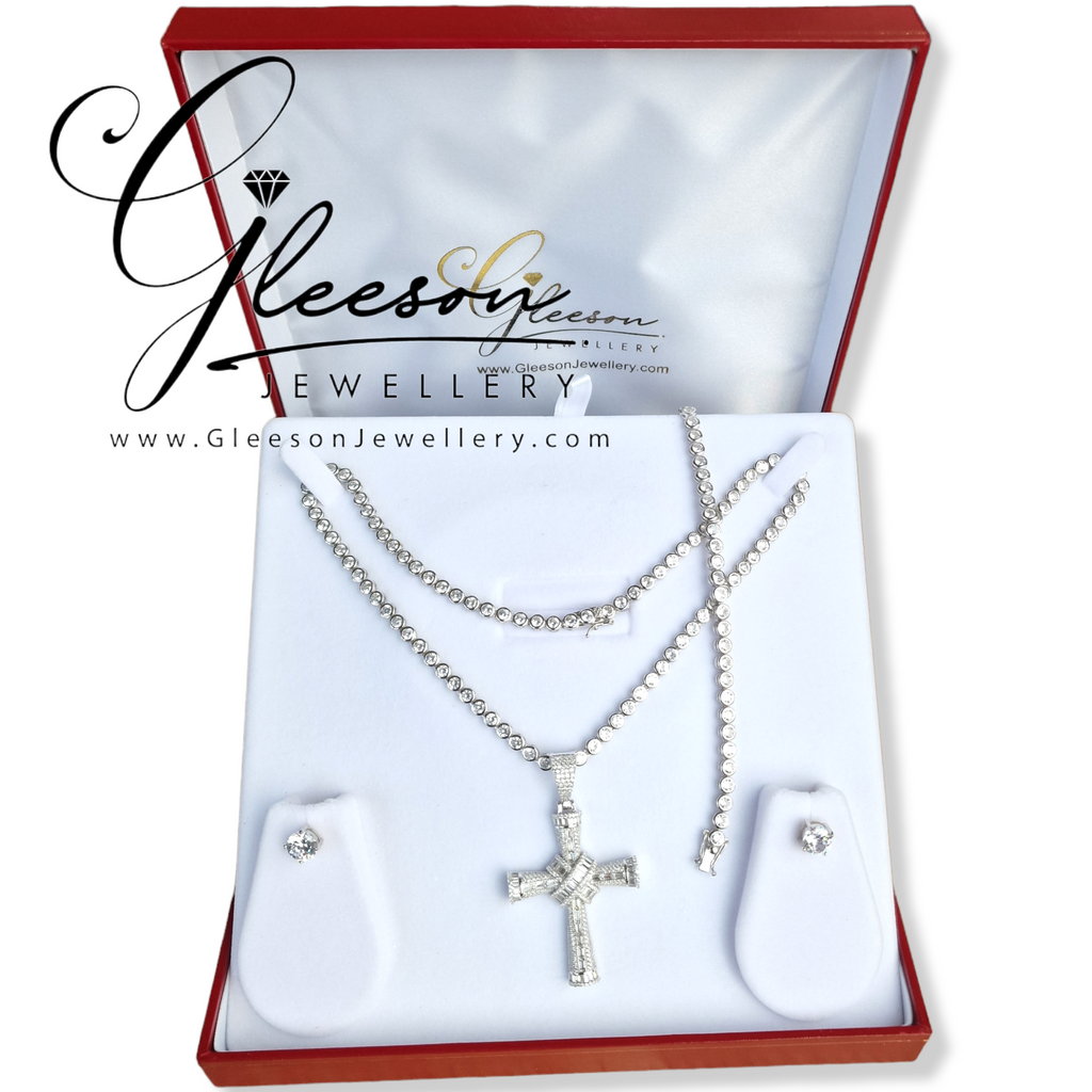 Sterling Silver CZ Tennis Chain, Bracelet, Earring and Baguette Cross Set - CZ Tennis Set Gleeson Jewellers, Daniel Gleeson Jewellerr, Daniel Gleesons Jewellery