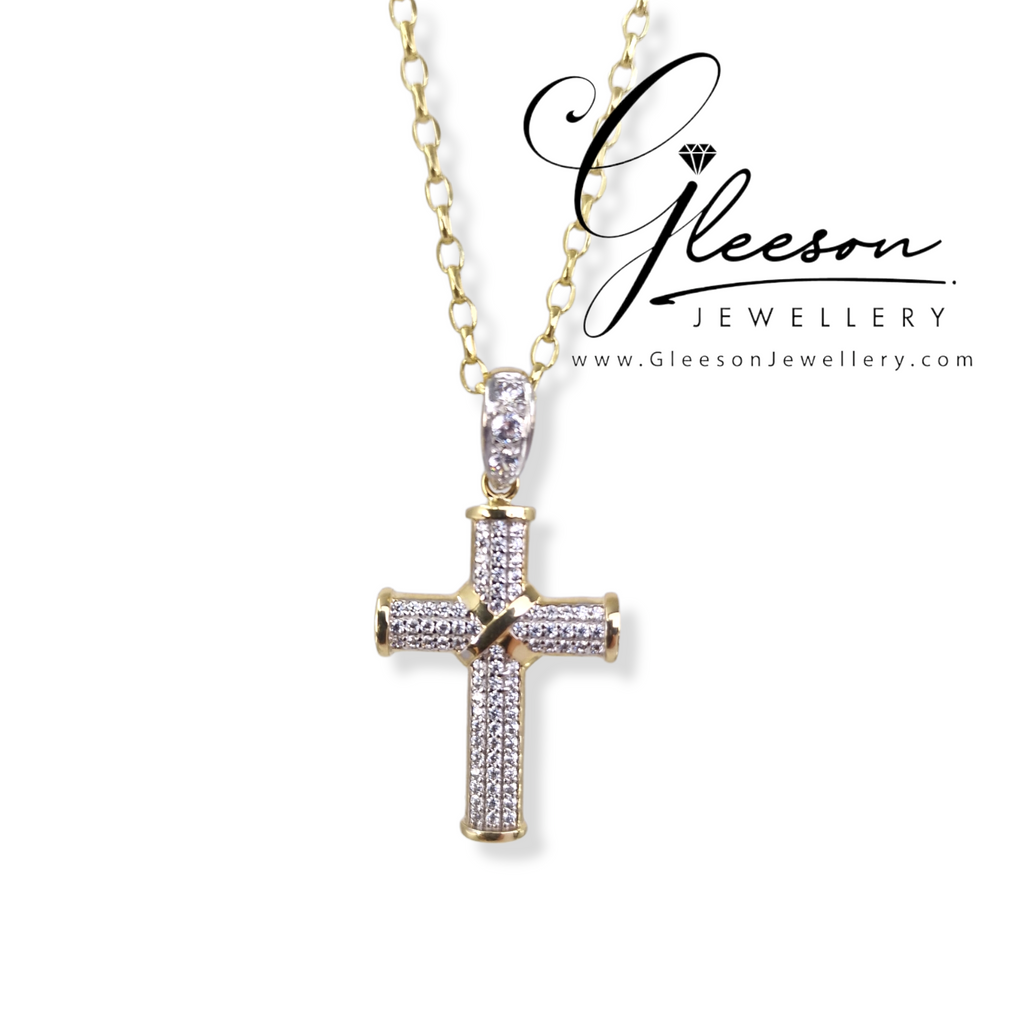 9ct Gold CZ Cross & 18" Light Diamond Cut Chain Gleeson Jewellers, Daniel Gleeson Jewellery, Daniel Gleesons Jewellers Cork