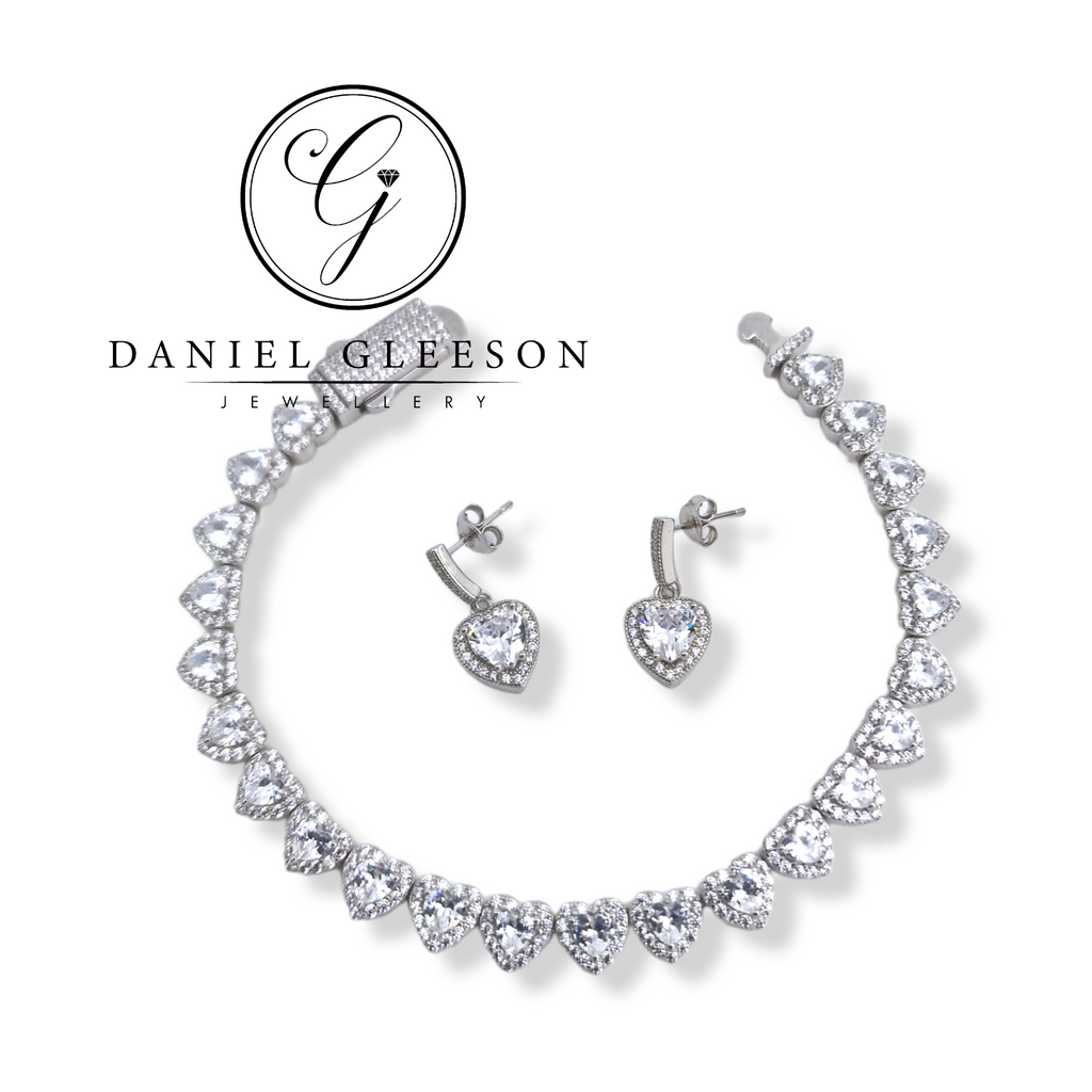 Sterling Silver Set - Ladies CZ Heart Halo Bracelet & Earrings Set Gleeson Jewellery, gleeson Jewellers, Daniel Gleesons Jewellers