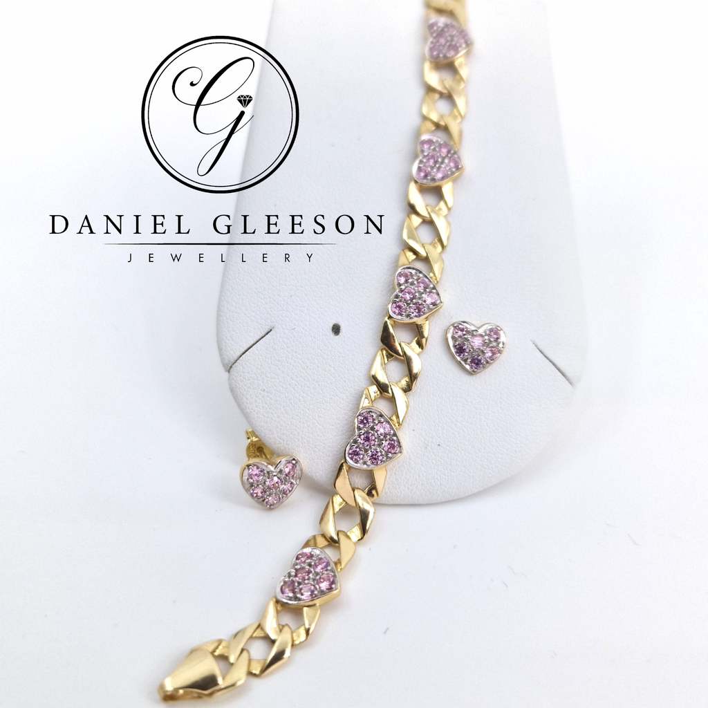 9ct Gold Set - Pink CZ Heart Baby Bracelet & Earrings Set Gleeson Jewellers, Daniel Gleeson Jewellers, Gleesons Jewellers