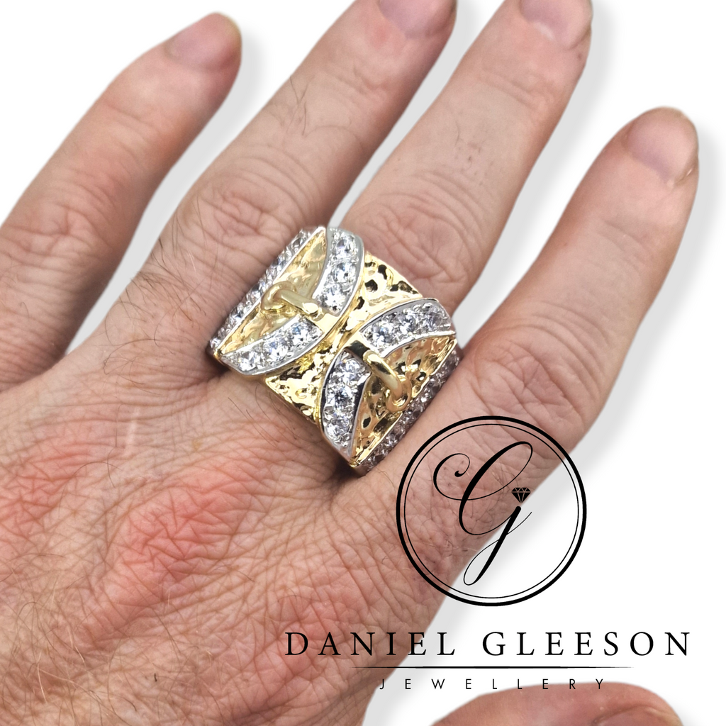 9ct Gold Mens Heavy Wide CZ Buckle Ring Gleeson Jewellers, Daniel Gleeson Jewellers, Gleesons Jewellers