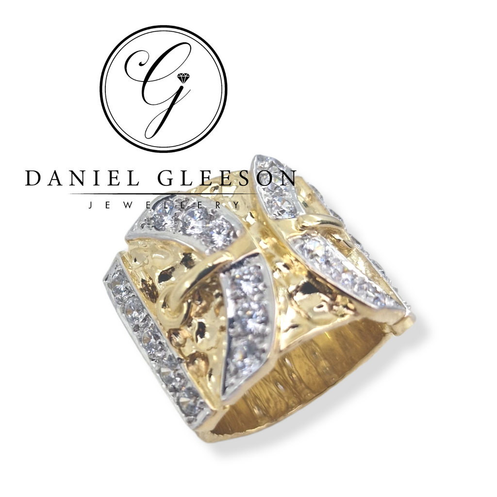 9ct Gold Mens Heavy Wide CZ Buckle Ring Gleeson Jewellers, Daniel Gleeson Jewellers, Gleesons Jewellers