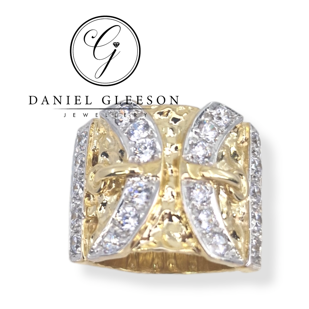 9ct Gold Mens Heavy Wide CZ Buckle Ring Gleeson Jewellers, Daniel Gleeson Jewellers, Gleesons Jewellers