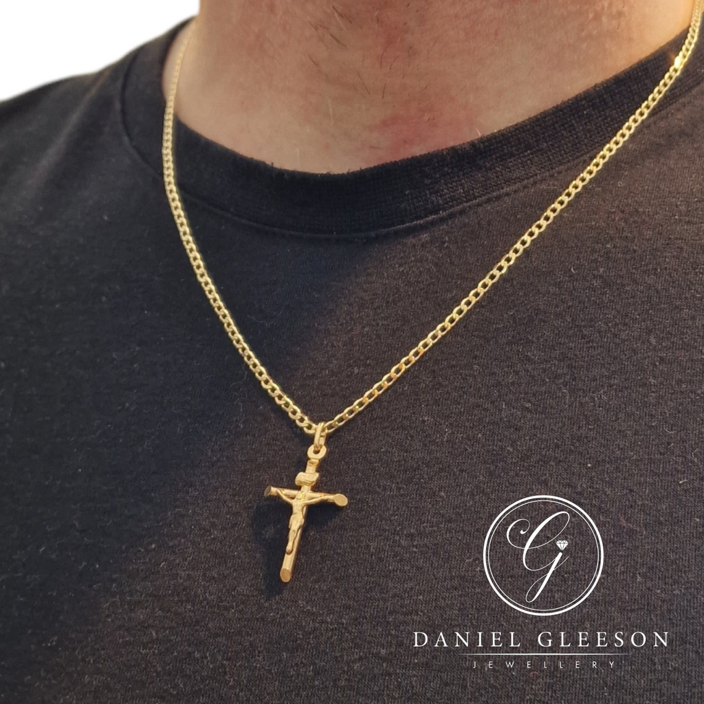 9ct Gold Delicate Tubular Crucifix Pendant and 20" Curb Chain Gleeson Jewellers, Daniel Gleeson Jewellery, Daniel Gleesons Jewellers Cork