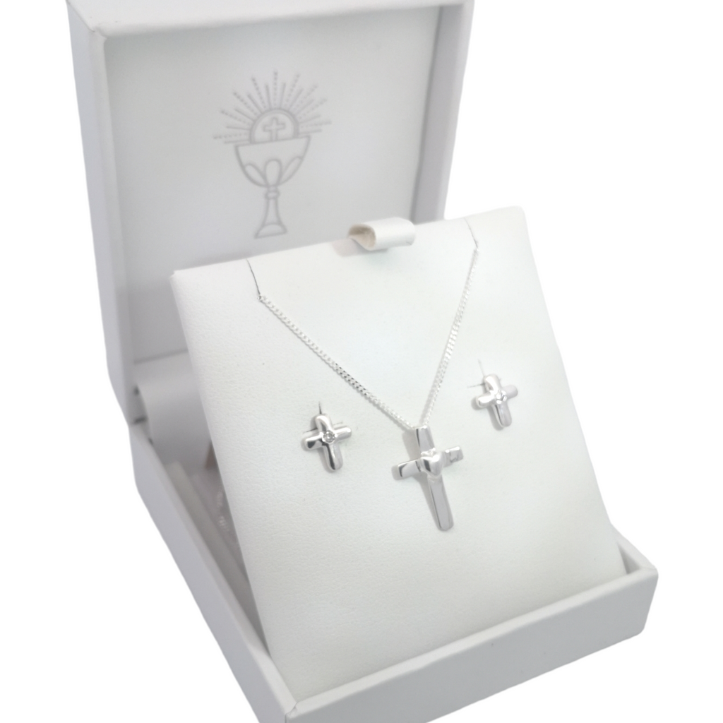 Sterling Silver CZ Cross & Chain and Earrings Set Gleeson Jewellers, Daniel Gleeson Jewellerr, Daniel Gleesons Jewellery
