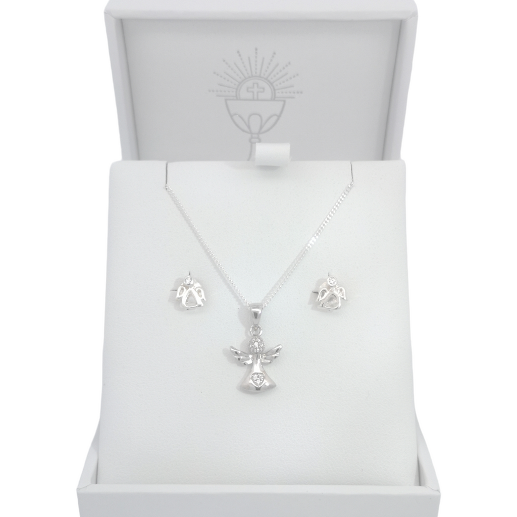 Sterling Silver CZ Guardian Angel Pendant Chain & Earrings Set Gleeson Jewellers, Daniel Gleeson Jewellerr, Daniel Gleesons Jewellery