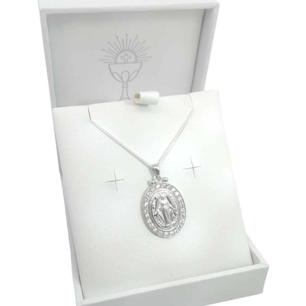 Sterling Silver CZ Miraculous Medal Chain Gleeson Jewellers, Daniel Gleeson Jewellerr, Daniel Gleesons Jewellery