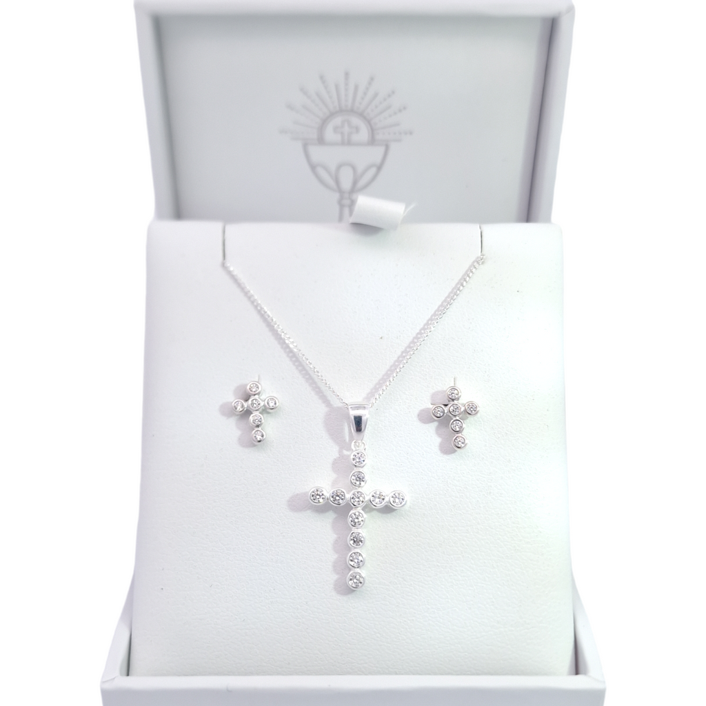 Sterling Silver CZ Cross, Chain and Earrings Set Gleeson Jewellers, Daniel Gleeson Jewellerr, Daniel Gleesons Jewellery