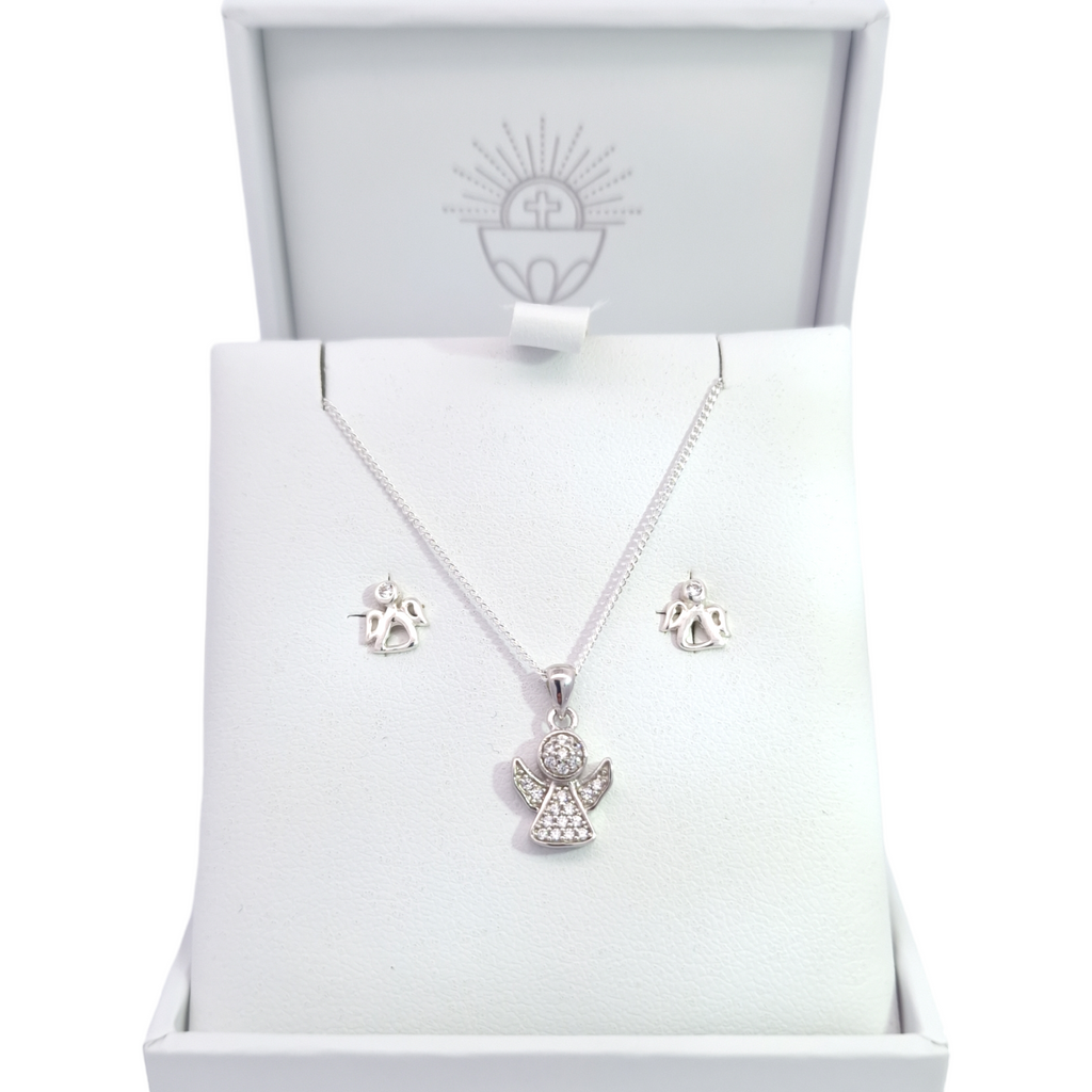 Sterling Silver CZ Guardian Angel Pendant Chain & Earrings Set Gleeson Jewellers, Daniel Gleeson Jewellerr, Daniel Gleesons Jewellery