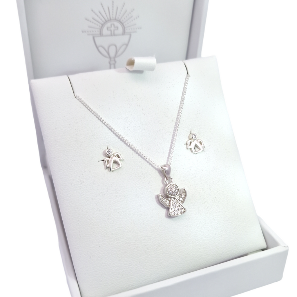 Sterling Silver CZ Guardian Angel Pendant Chain & Earrings Set Gleeson Jewellers, Daniel Gleeson Jewellerr, Daniel Gleesons Jewellery