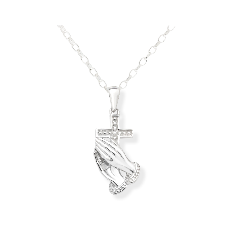 Sterling Silver Cross With Praying Hands and Chain Gleeson Jewellers, Daniel Gleeson Jewellery, Gleesons Jewellers