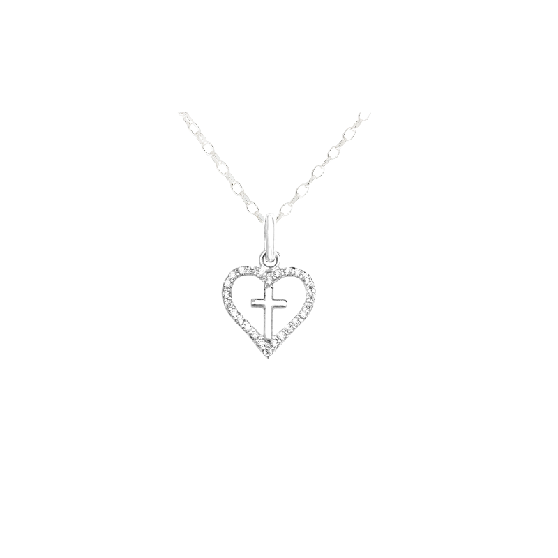 Sterling Silver Cubic Zirconia Set Heart With Cross Detail Pendant and Chain, Daniel Gleeson Jewellers Cork, Gleeson Jewelley, Daniel Gleeson Jewellery, Gleesons Jewellers, GleesonJewellery.com