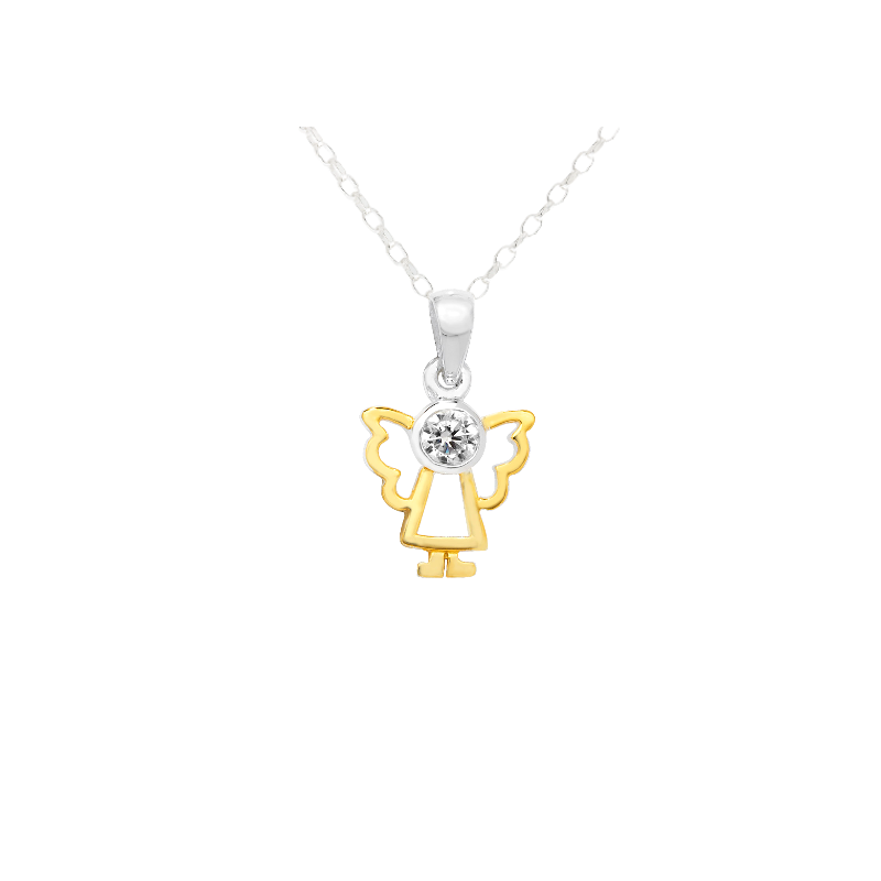 Sterling Silver Gold Plated Cubic Zirconia Angel Pendant and Chain