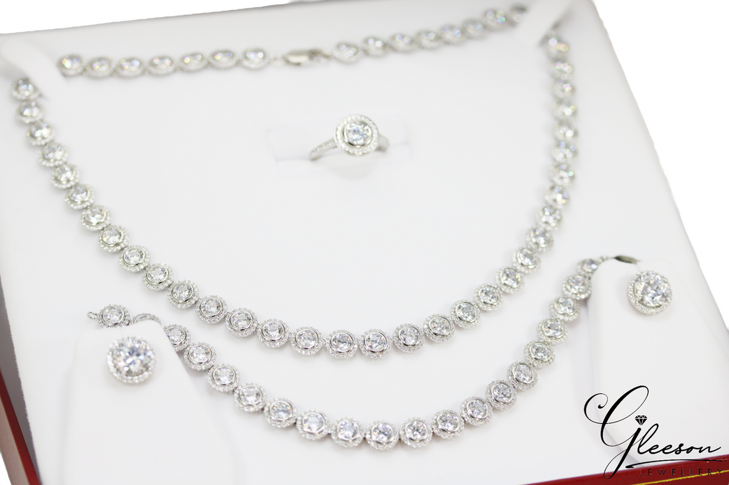 Sterling Silver Cubic Zirconia Halo Tennis Set - Chain, Bracelet, Earrings and Ring Set Daniel Gleeson Jewellers, Gleeson Jewellers, Gleesons Jewellers, Gleeson Jewellery