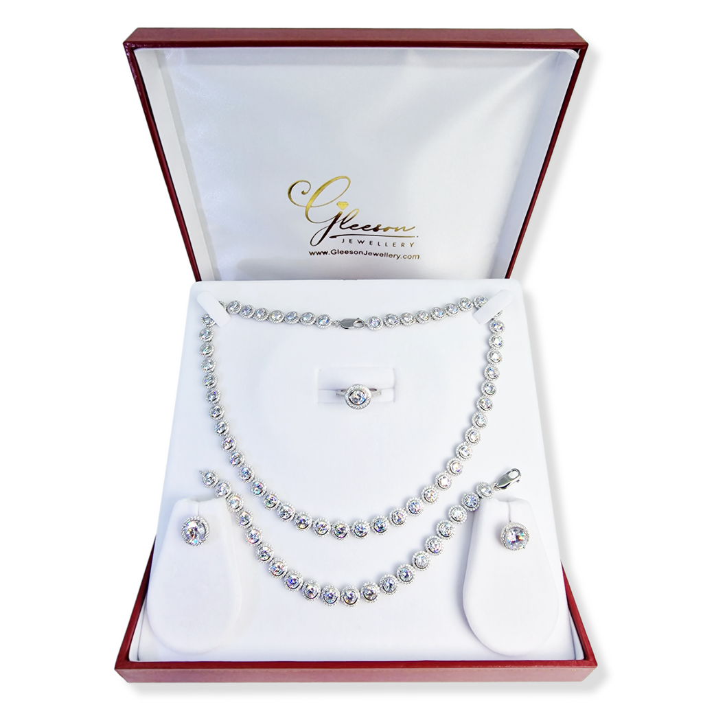 Sterling Silver Cubic Zirconia Halo Tennis Set - Chain, Bracelet, Earrings and Ring Set Daniel Gleeson Jewellers, Gleeson Jewellers, Gleesons Jewellers, Gleeson Jewellery