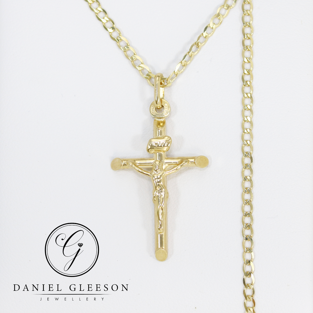 9ct Gold Delicate Tubular Crucifix Pendant and 20" Mini Curb Chain Gleeson Jewellers, Daniel Gleeson Jewellery, Daniel Gleesons Jewellers Cork