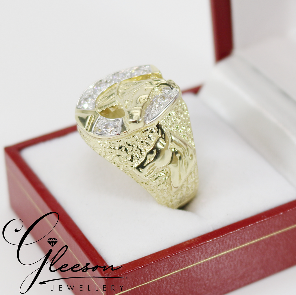 9ct Gold Mens Cubic Zirconia Horse Shoe & Head Ring Daniel Gleeson Jewellers, Gleeson Jewellers, Gleesons Jewellers