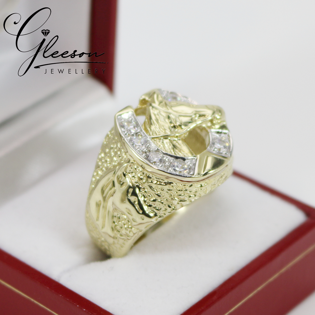 9ct Gold Mens Cubic Zirconia Horse Shoe & Head Ring Daniel Gleeson Jewellers, Gleeson Jewellers, Gleesons Jewellers