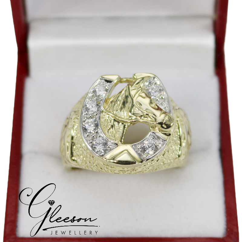 9ct Gold Mens Cubic Zirconia Horse Shoe & Head Ring Daniel Gleeson Jewellers, Gleeson Jewellers, Gleesons Jewellers