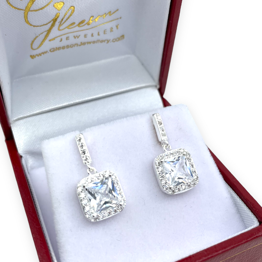 Sterling Silver Cubic Zirconia Classic Square Drop Earrings Gleeson Jewellery, Daniel Gleeson Jewellers Cork, Gleesons Jewellers