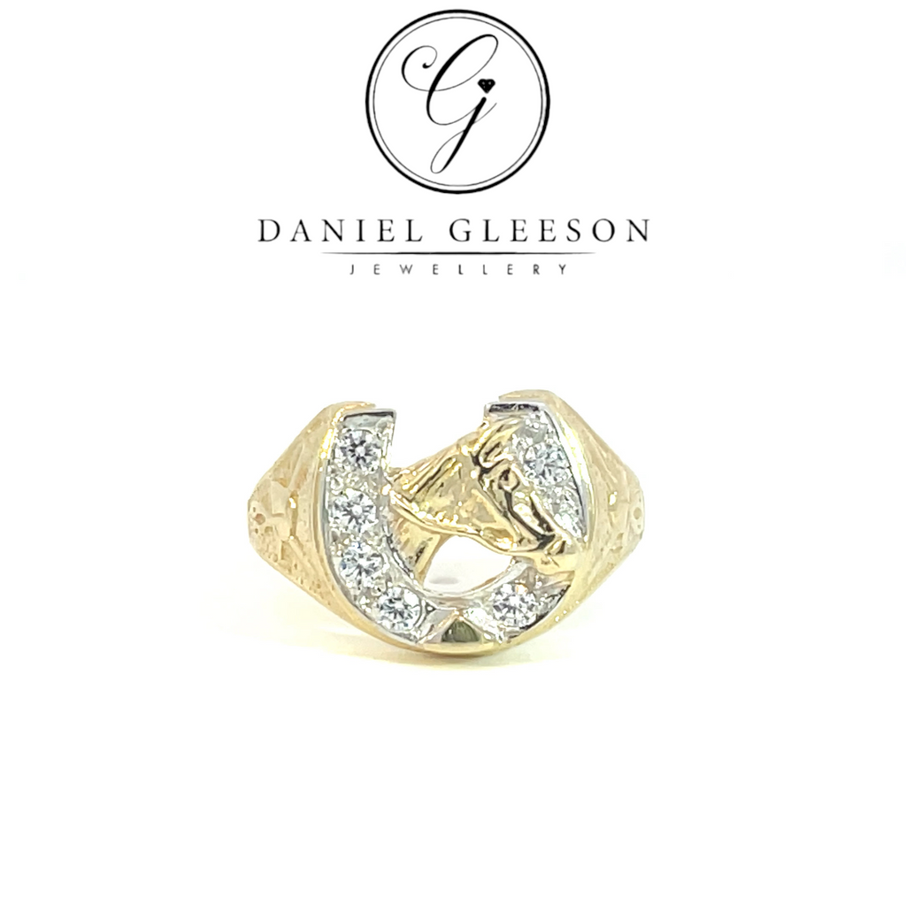 9ct Gold CZ HorseShoe Ring Gleeson Jewellers, Daniel Gleeson Jewellery, Daniel Gleesons Jewellers Cork