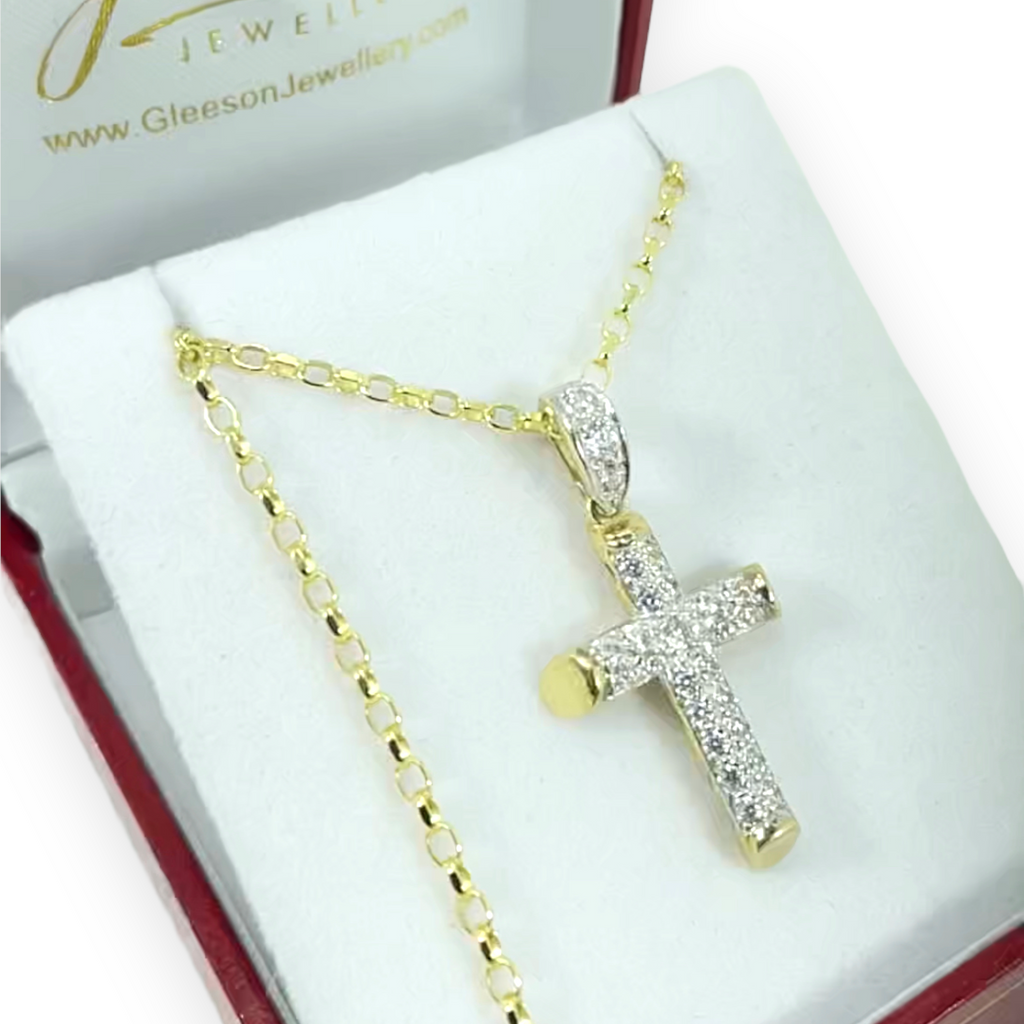 9ct Gold Tube Style CZ Cross & Chain Gleeson Jewellers, Daniel Gleeson Jewellers, Gleesons Jewellers