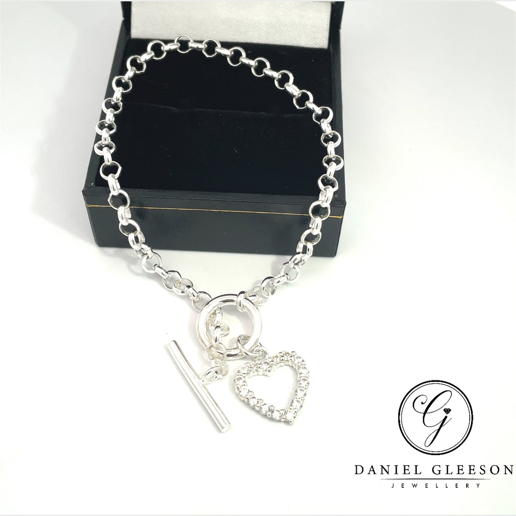 Sterling Silver Ladies T-Bar CZ Heart Bracelet Gleeson Jewellers, Daniel Gleeson Jewellerr, Daniel Gleesons Jewellery